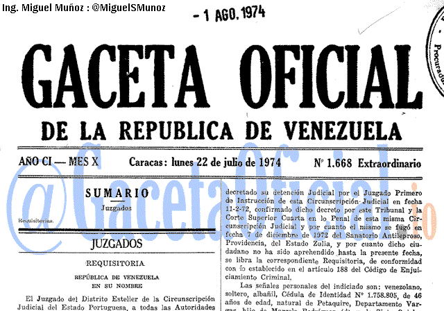 Gaceta Oficial 1668 del 22 Julio 1974