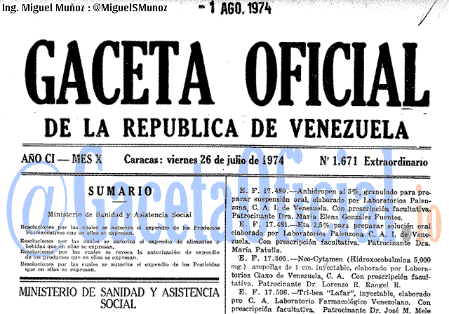 Gaceta Oficial 1671 del 26 Julio 1974