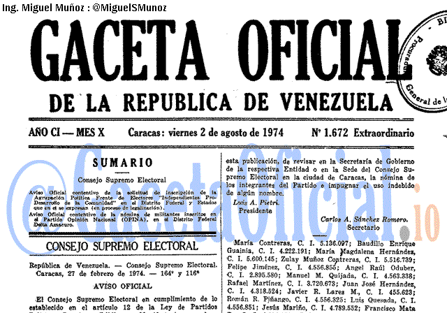 Gaceta Oficial 1672 del 2 Agosto 1974