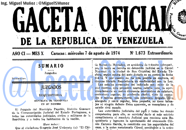 Gaceta Oficial 1673 del 7 Agosto 1974
