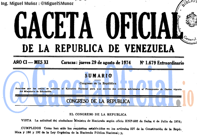 Gaceta Oficial 1679 del 29 Agosto 1974