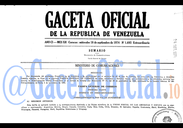 Gaceta Oficial 1685 del 18 Septiembre 1974