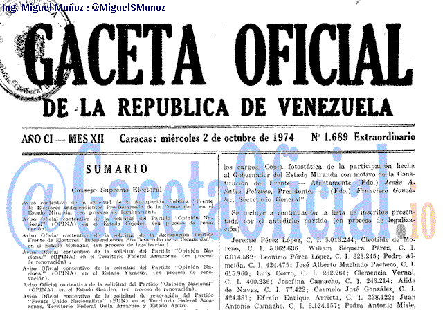 Gaceta Oficial 1689 del 2 Octubre 1974