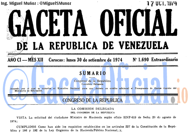 Gaceta Oficial 1690 del 30 Septiembre 1974