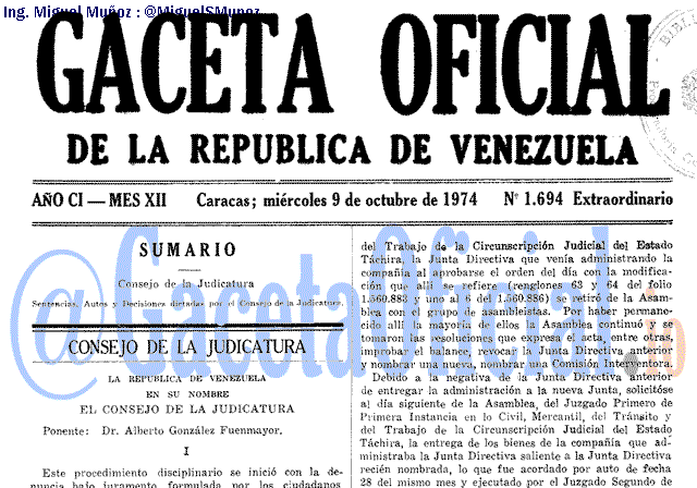 Gaceta Oficial 1694 del 9 Octubre 1974