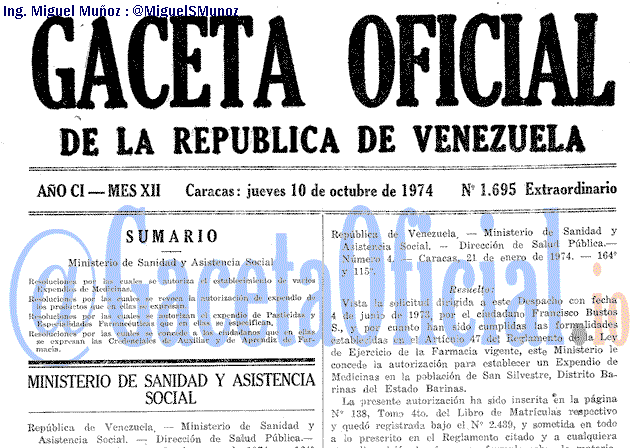 Gaceta Oficial 1695 del 10 Octubre 1974