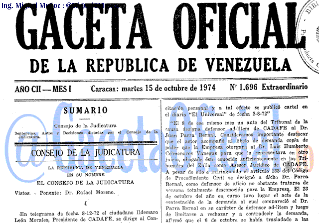 Gaceta Oficial 1696 del 15 Octubre 1974