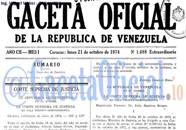 Gaceta Oficial 1698 del 21 Octubre 1974
