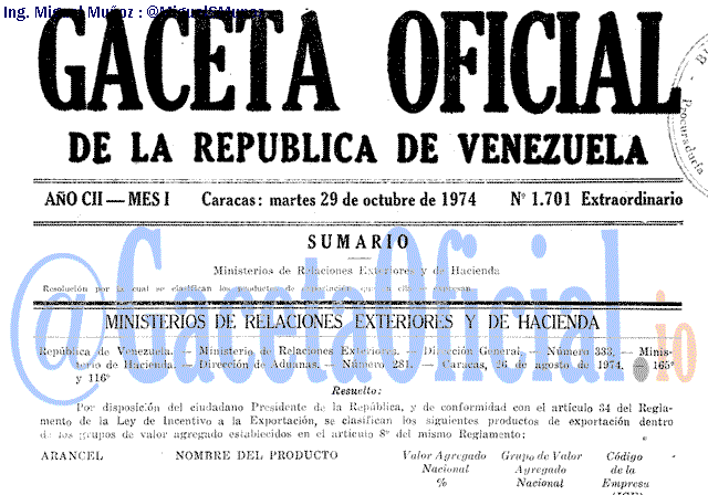 Gaceta Oficial 1701 del 29 Octubre 1974