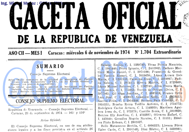 Gaceta Oficial 1704 del 6 Noviembre 1974
