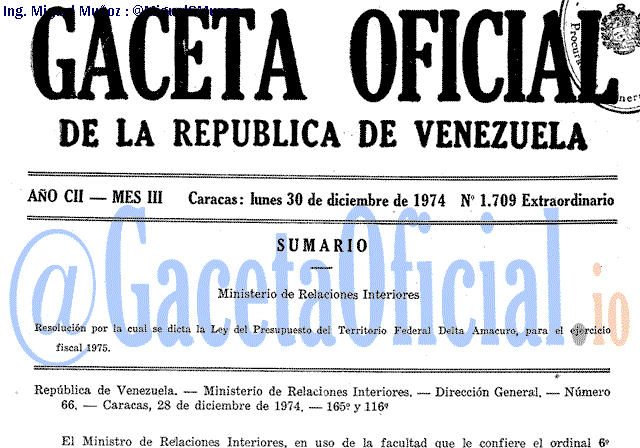 Gaceta Oficial 1709 del 30 Diciembre 1974