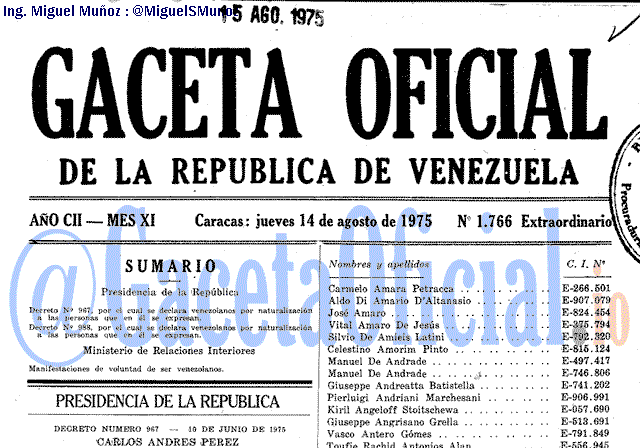 Gaceta Oficial 1766 del 14 Agosto 1975