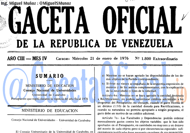Gaceta Oficial 1800 del 21 Enero 1976