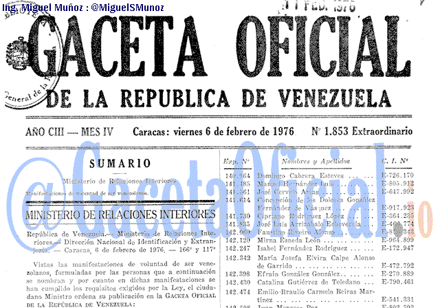 Gaceta Oficial 1853 del 6 Febrero 1976