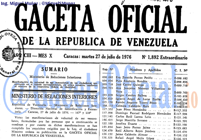 Gaceta Oficial 1892 del 27 Julio 1976