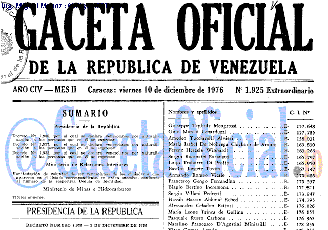 Gaceta Oficial 1925 del 10 Diciembre 1976