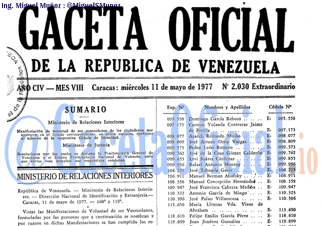 Gaceta Oficial 2030 del 11 Mayo 1977