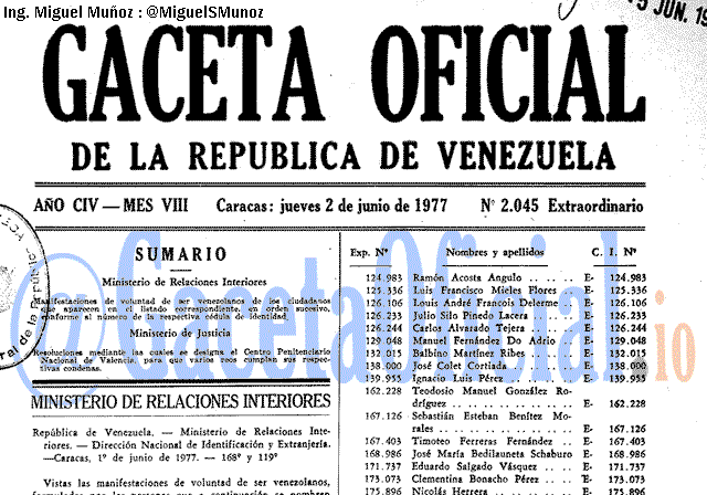 Gaceta Oficial 2045 del 2 Junio 1977