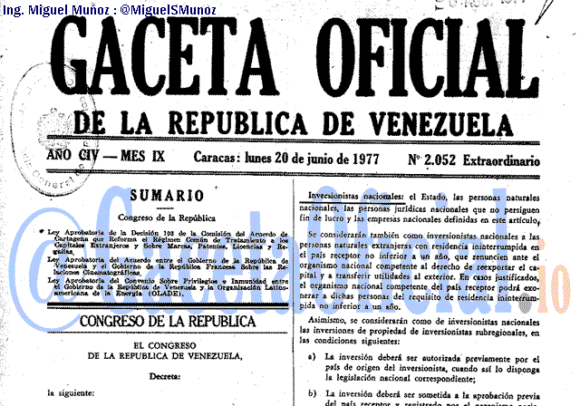 Gaceta Oficial 2052 del 20 Junio 1977