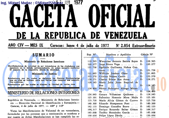 Gaceta Oficial 2054 del 4 Julio 1977