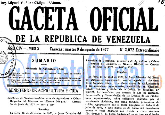 Gaceta Oficial 2072 del 9 Agosto 1977