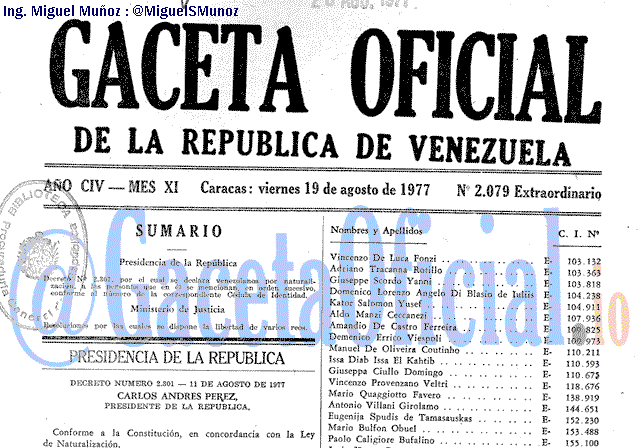 Gaceta Oficial 2079 del 19 Agosto 1977