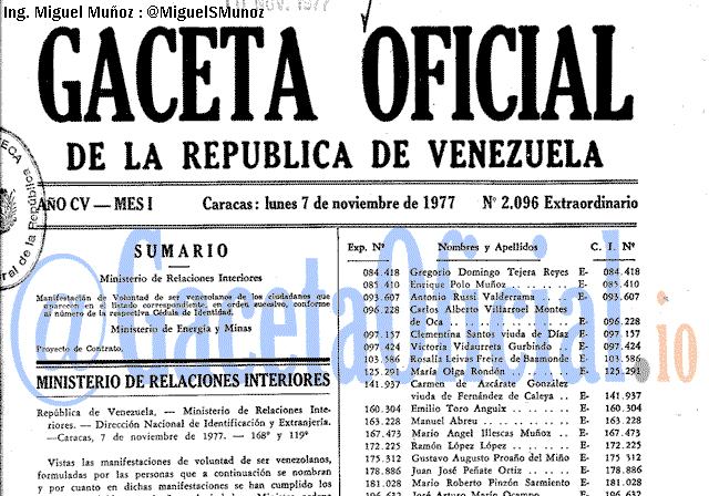 Gaceta Oficial 2096 del 7 Noviembre 1977
