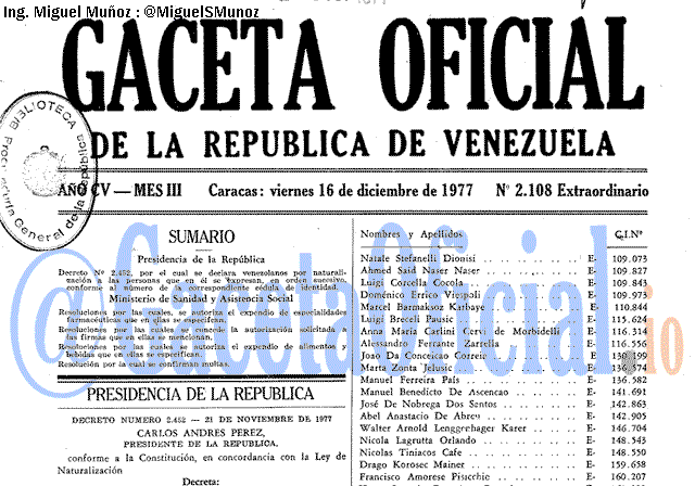 Gaceta Oficial 2108 del 16 Diciembre 1977