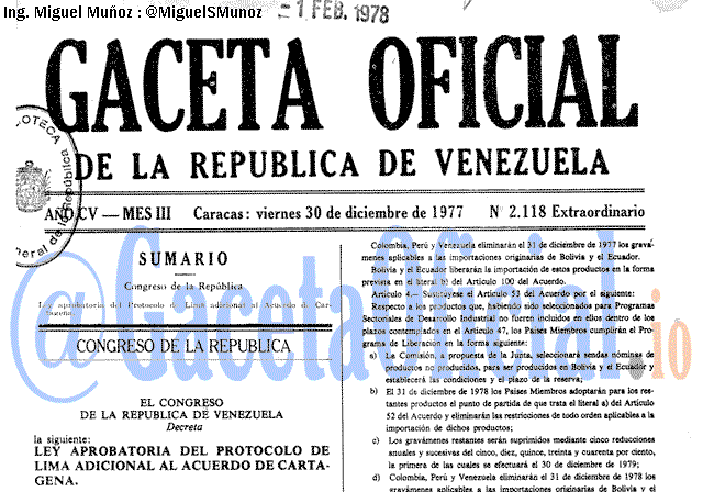 Gaceta Oficial 2118 del 30 Diciembre 1977