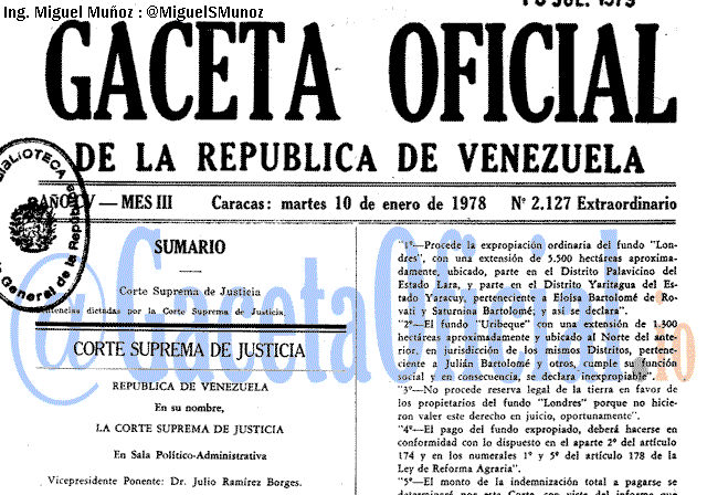 Gaceta Oficial 2127 del 10 Enero 1978