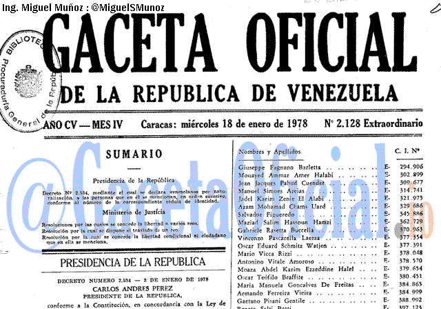 Gaceta Oficial 2128 del 18 Enero 1978