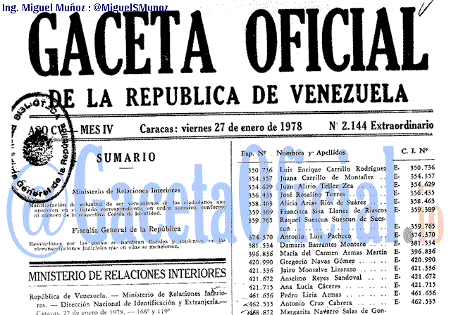 Gaceta Oficial 2144 del 27 Enero 1978