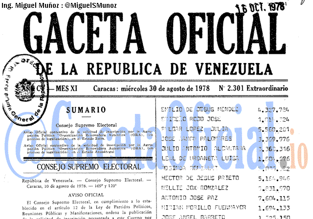 Gaceta Oficial 2301 del 30 Agosto 1978