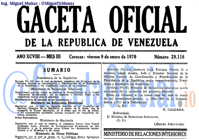 Gaceta Oficial 29116 del 9 Enero 1970