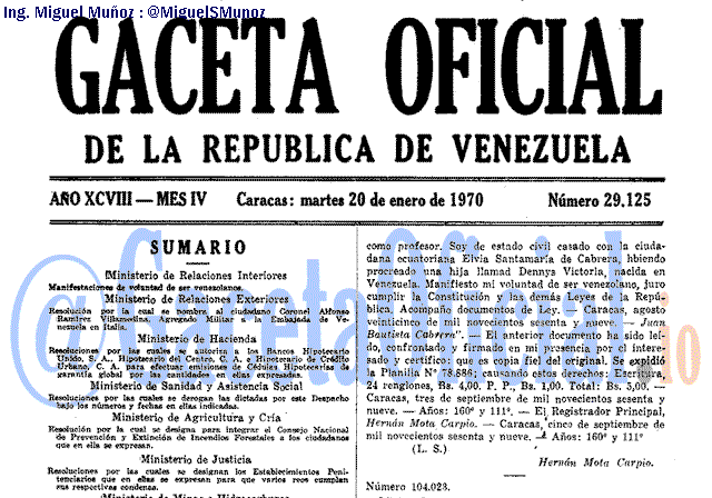 Gaceta Oficial 29125 del 20 Enero 1970