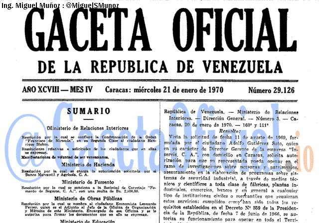 Gaceta Oficial 29126 del 21 Enero 1970