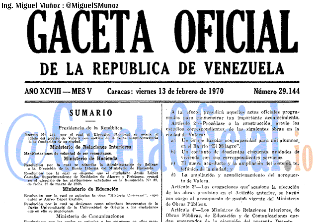 Gaceta Oficial 29144 del 13 Febrero 1970