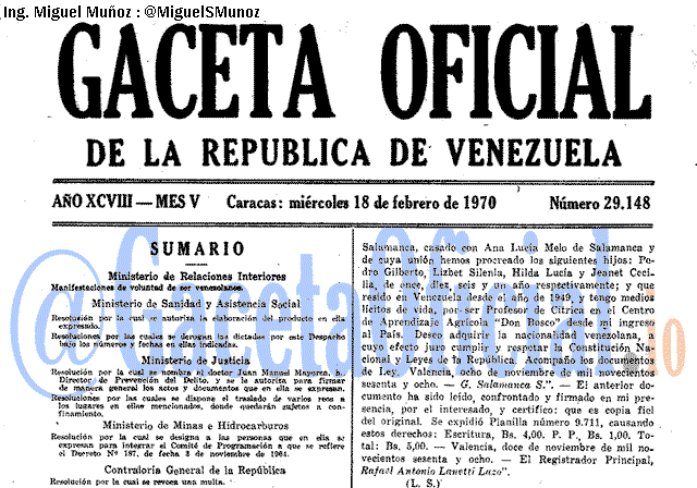 Gaceta Oficial 29148 del 18 Febrero 1970