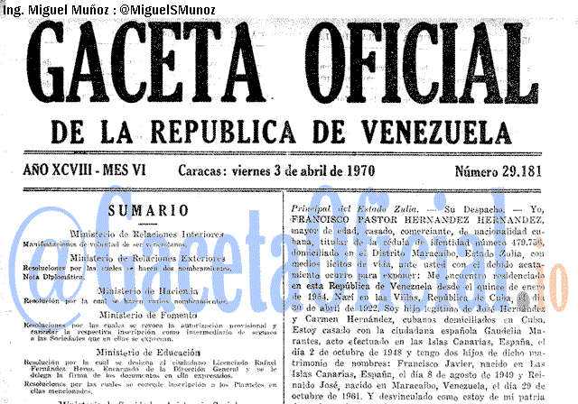 Gaceta Oficial 29181 del 3 Abril 1970