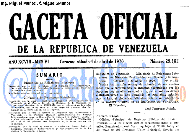 Gaceta Oficial 29182 del 4 Abril 1970