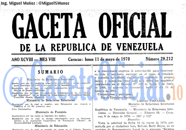 Gaceta Oficial 29212 del 11 Mayo 1970