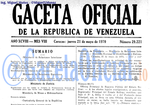 Gaceta Oficial 29221 del 21 Mayo 1970