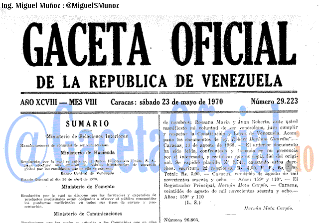 Gaceta Oficial 29223 del 23 Mayo 1970