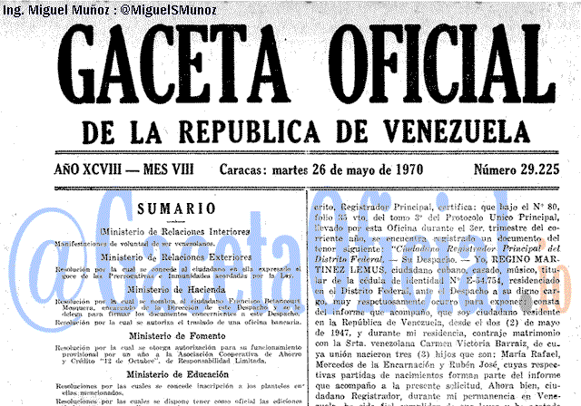 Gaceta Oficial 29225 del 26 Mayo 1970