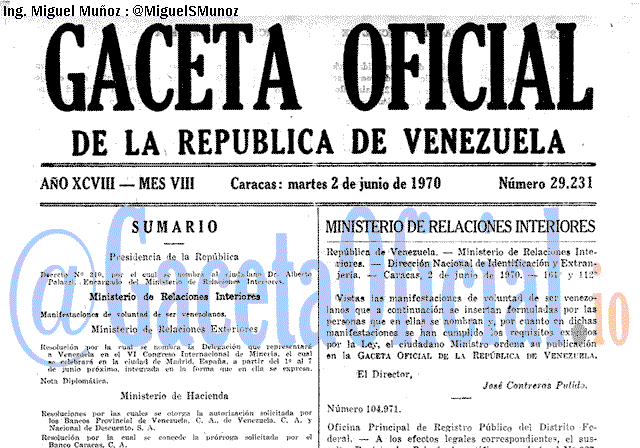 Gaceta Oficial 29231 del 2 Junio 1970