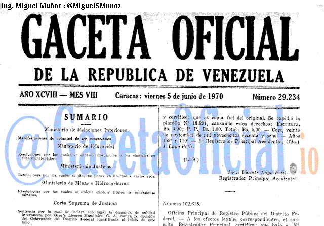 Gaceta Oficial 29234 del 5 Junio 1970
