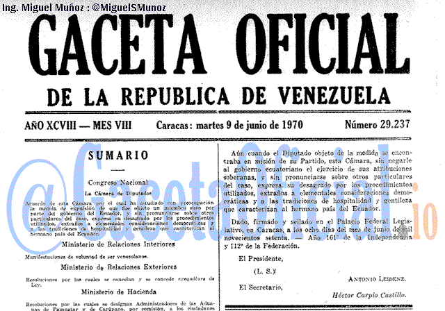 Gaceta Oficial 29237 del 9 Junio 1970