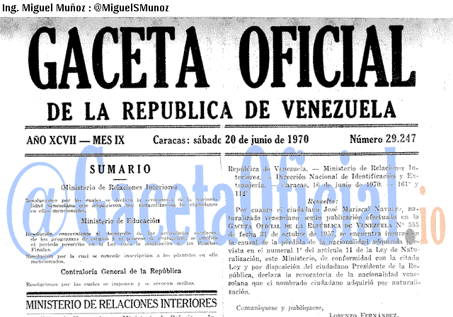 Gaceta Oficial 29247 del 20 Junio 1970