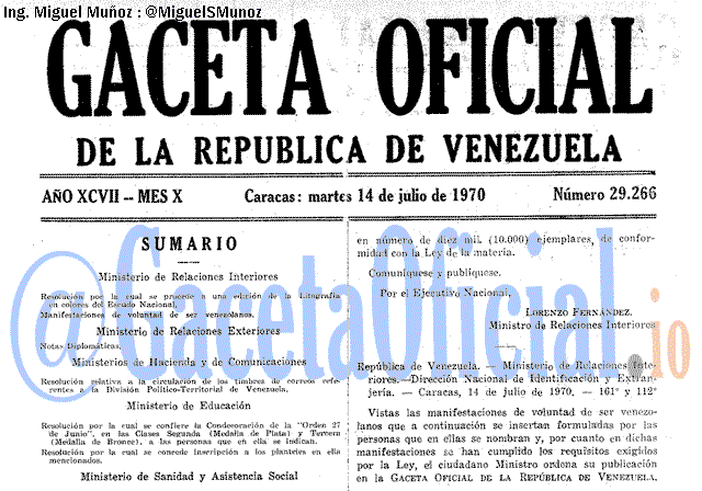 Gaceta Oficial 29266 del 14 Julio 1970