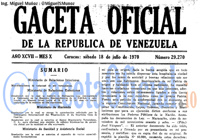 Gaceta Oficial 29270 del 18 Julio 1970